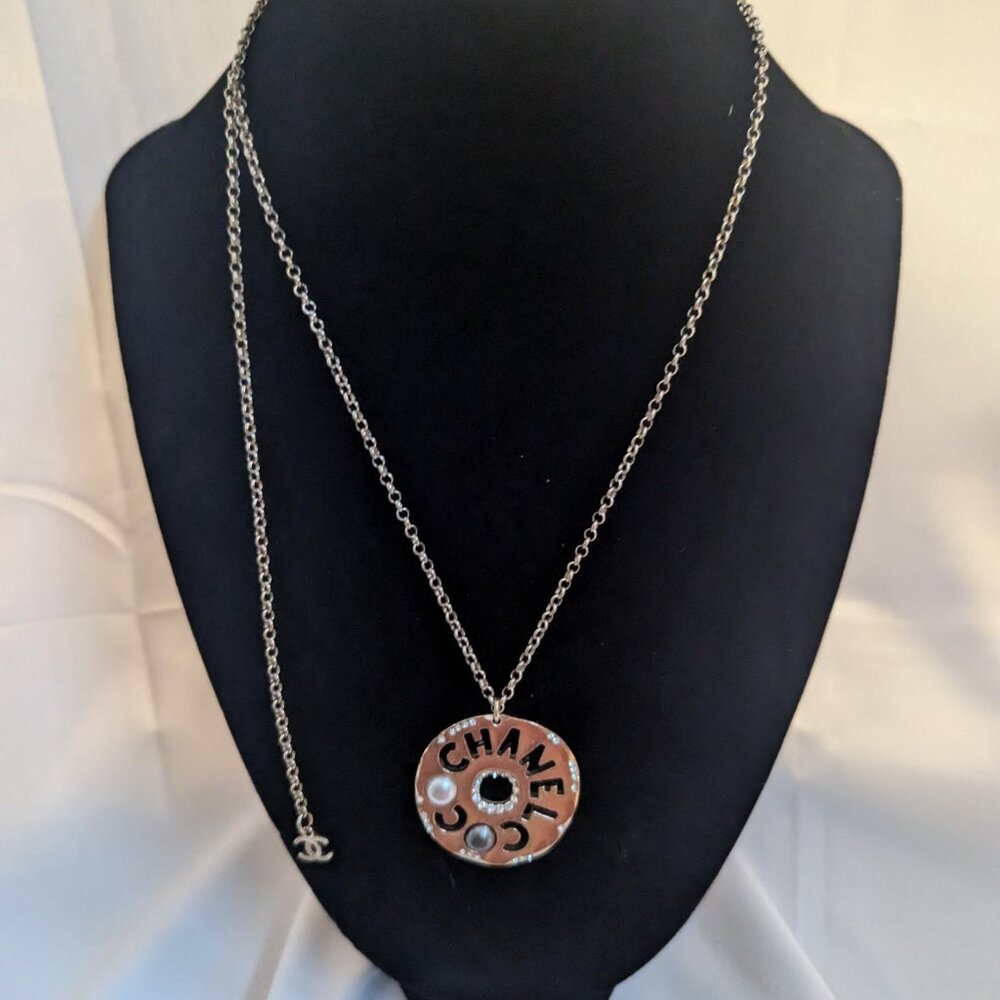 Chanel Pearl Embellished Logo Medallion Necklace